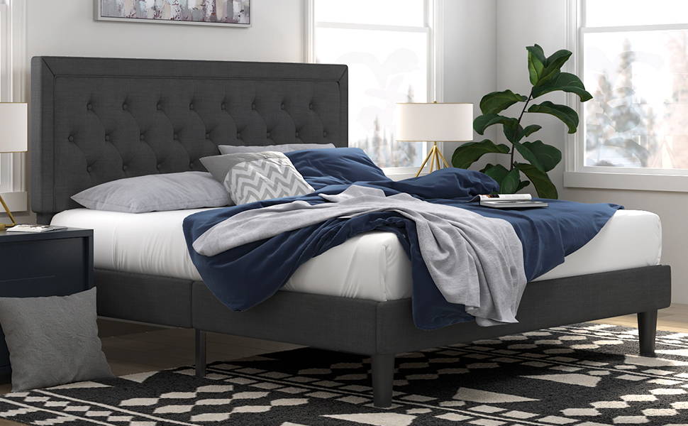 Upholstered Bed Frame with Adjustable Button Tufted Headboard